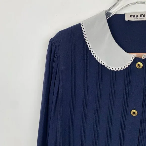CW0144 MiuMiu Dark blue doll collar mulberry silk single-breasted long-sleeved
